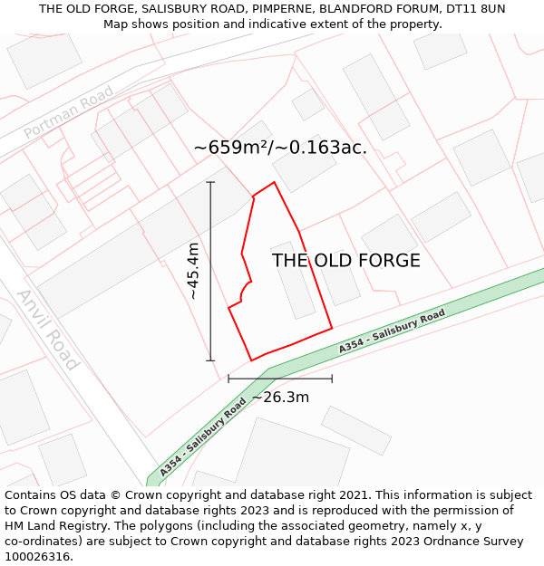 THE OLD FORGE, SALISBURY ROAD, PIMPERNE, BLANDFORD FORUM, DT11 8UN: Plot and title map