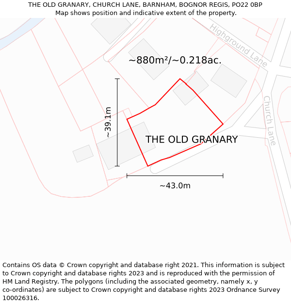 THE OLD GRANARY, CHURCH LANE, BARNHAM, BOGNOR REGIS, PO22 0BP: Plot and title map