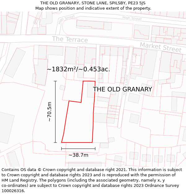THE OLD GRANARY, STONE LANE, SPILSBY, PE23 5JS: Plot and title map
