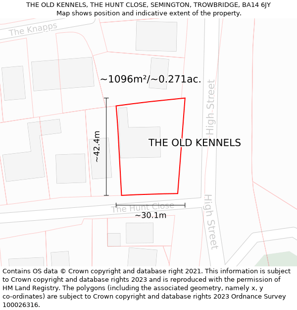 THE OLD KENNELS, THE HUNT CLOSE, SEMINGTON, TROWBRIDGE, BA14 6JY: Plot and title map