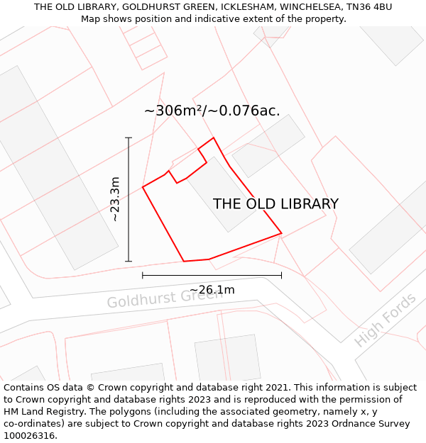 THE OLD LIBRARY, GOLDHURST GREEN, ICKLESHAM, WINCHELSEA, TN36 4BU: Plot and title map