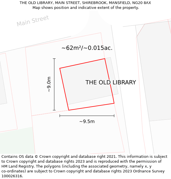 THE OLD LIBRARY, MAIN STREET, SHIREBROOK, MANSFIELD, NG20 8AX: Plot and title map