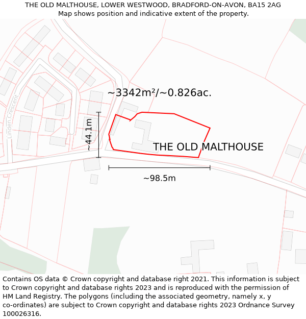 THE OLD MALTHOUSE, LOWER WESTWOOD, BRADFORD-ON-AVON, BA15 2AG: Plot and title map