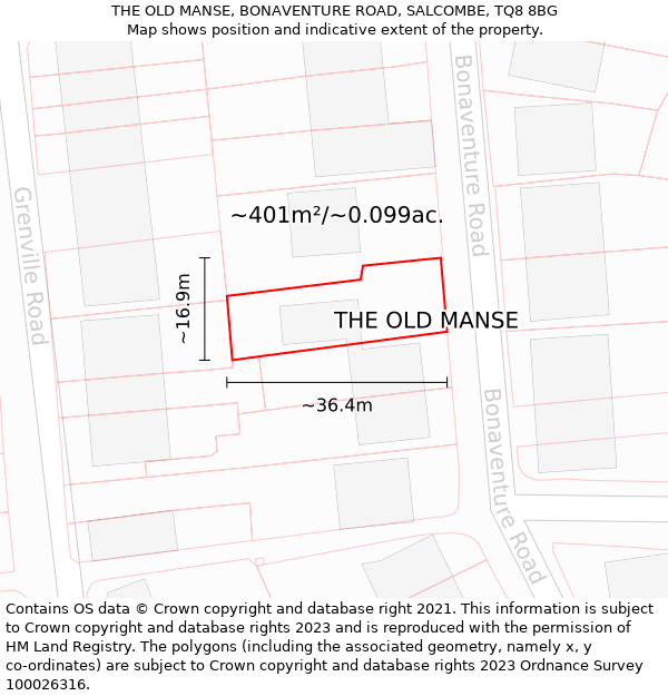 THE OLD MANSE, BONAVENTURE ROAD, SALCOMBE, TQ8 8BG: Plot and title map