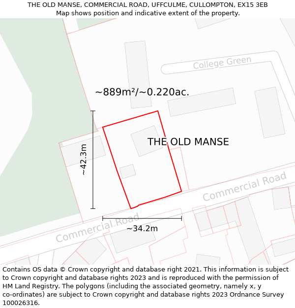 THE OLD MANSE, COMMERCIAL ROAD, UFFCULME, CULLOMPTON, EX15 3EB: Plot and title map