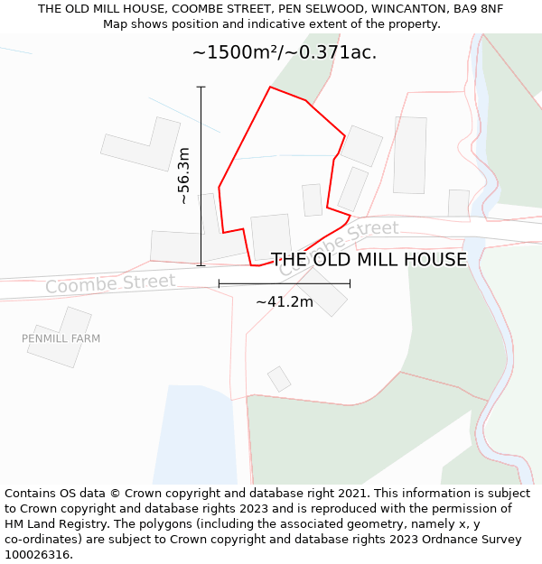 THE OLD MILL HOUSE, COOMBE STREET, PEN SELWOOD, WINCANTON, BA9 8NF: Plot and title map