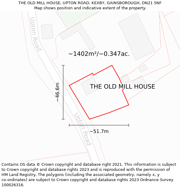 THE OLD MILL HOUSE, UPTON ROAD, KEXBY, GAINSBOROUGH, DN21 5NF: Plot and title map