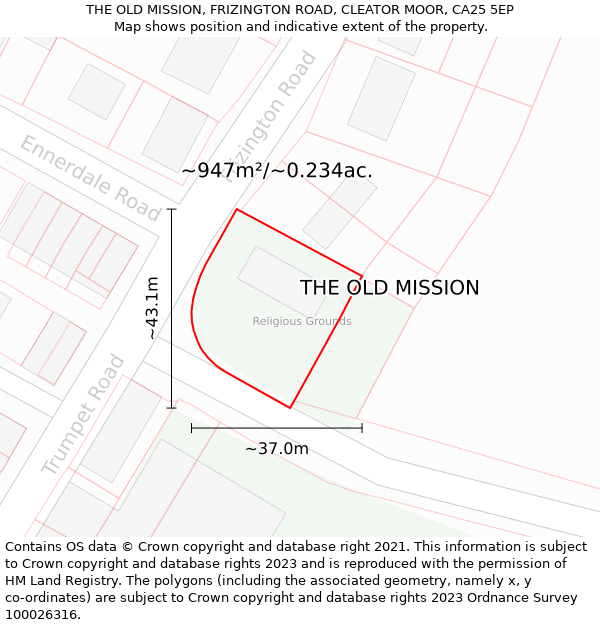 THE OLD MISSION, FRIZINGTON ROAD, CLEATOR MOOR, CA25 5EP: Plot and title map