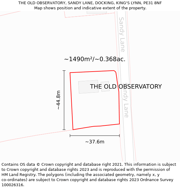 THE OLD OBSERVATORY, SANDY LANE, DOCKING, KING'S LYNN, PE31 8NF: Plot and title map