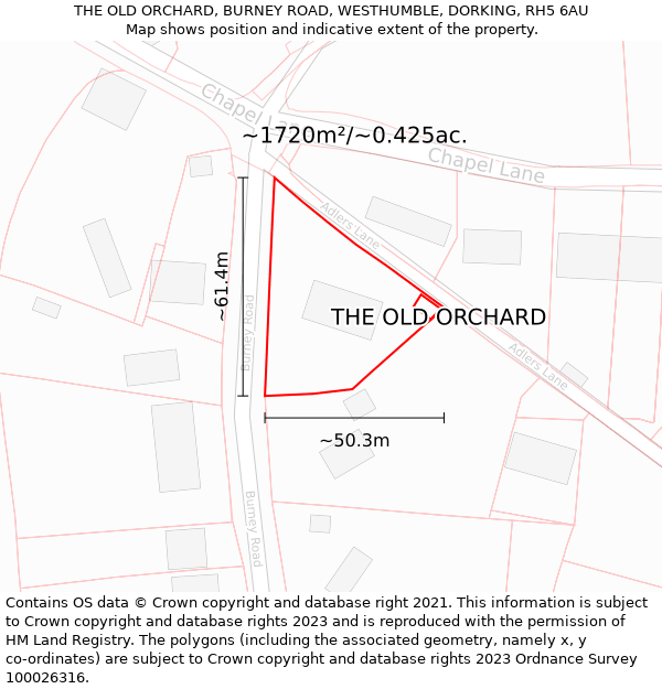 THE OLD ORCHARD, BURNEY ROAD, WESTHUMBLE, DORKING, RH5 6AU: Plot and title map