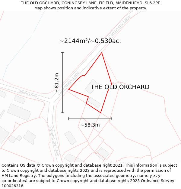 THE OLD ORCHARD, CONINGSBY LANE, FIFIELD, MAIDENHEAD, SL6 2PF: Plot and title map