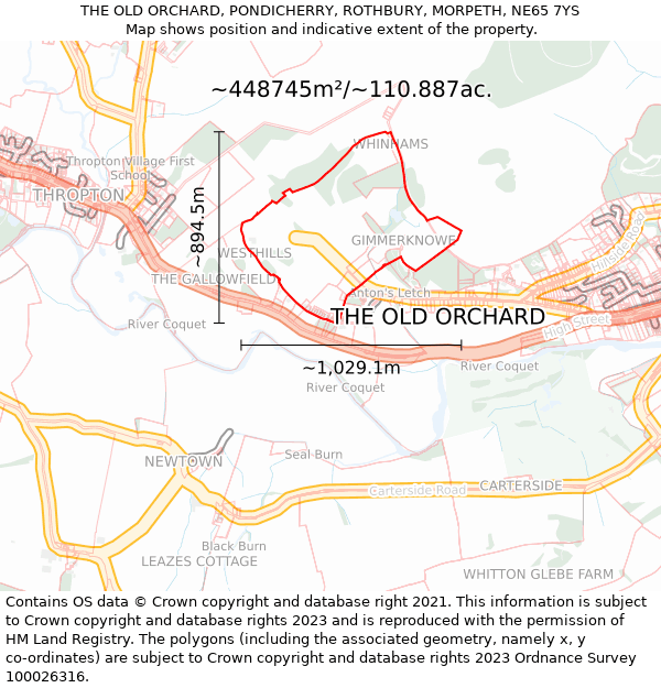 THE OLD ORCHARD, PONDICHERRY, ROTHBURY, MORPETH, NE65 7YS: Plot and title map