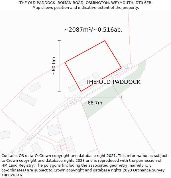 THE OLD PADDOCK, ROMAN ROAD, OSMINGTON, WEYMOUTH, DT3 6ER: Plot and title map