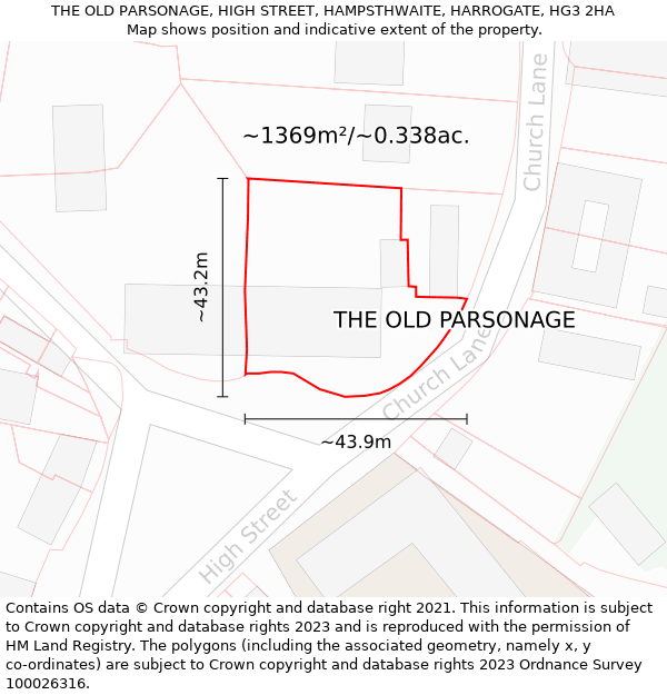 THE OLD PARSONAGE, HIGH STREET, HAMPSTHWAITE, HARROGATE, HG3 2HA: Plot and title map