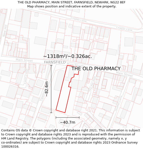 THE OLD PHARMACY, MAIN STREET, FARNSFIELD, NEWARK, NG22 8EF: Plot and title map