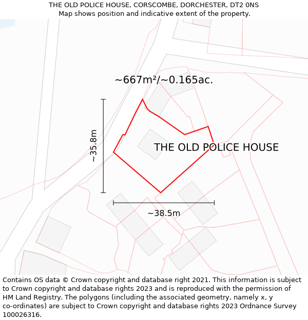 THE OLD POLICE HOUSE, CORSCOMBE, DORCHESTER, DT2 0NS: Plot and title map