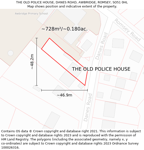 THE OLD POLICE HOUSE, DANES ROAD, AWBRIDGE, ROMSEY, SO51 0HL: Plot and title map