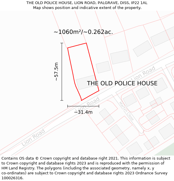 THE OLD POLICE HOUSE, LION ROAD, PALGRAVE, DISS, IP22 1AL: Plot and title map
