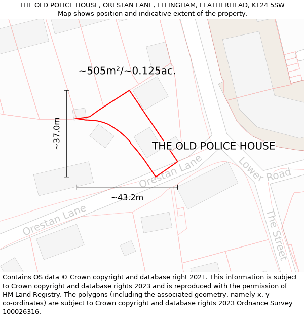 THE OLD POLICE HOUSE, ORESTAN LANE, EFFINGHAM, LEATHERHEAD, KT24 5SW: Plot and title map