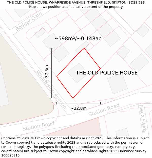 THE OLD POLICE HOUSE, WHARFESIDE AVENUE, THRESHFIELD, SKIPTON, BD23 5BS: Plot and title map