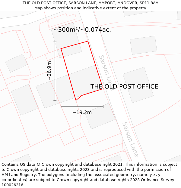 THE OLD POST OFFICE, SARSON LANE, AMPORT, ANDOVER, SP11 8AA: Plot and title map