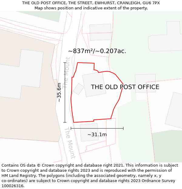 THE OLD POST OFFICE, THE STREET, EWHURST, CRANLEIGH, GU6 7PX: Plot and title map