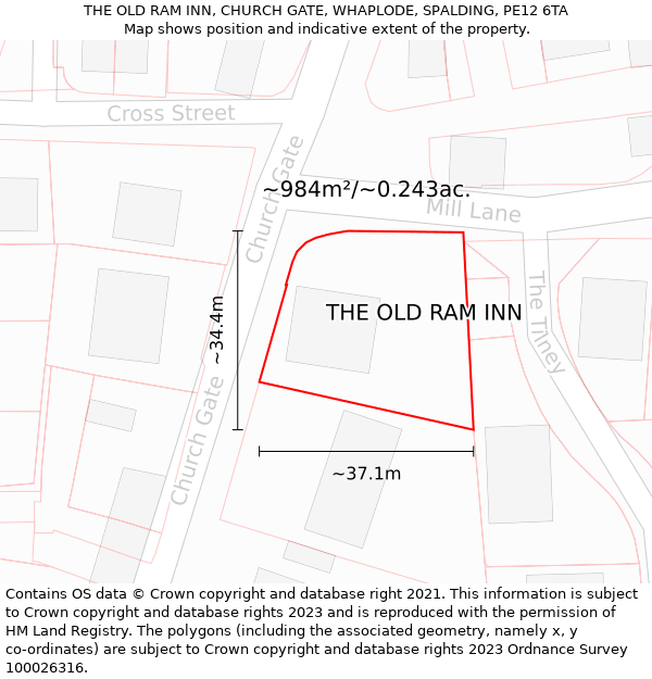 THE OLD RAM INN, CHURCH GATE, WHAPLODE, SPALDING, PE12 6TA: Plot and title map
