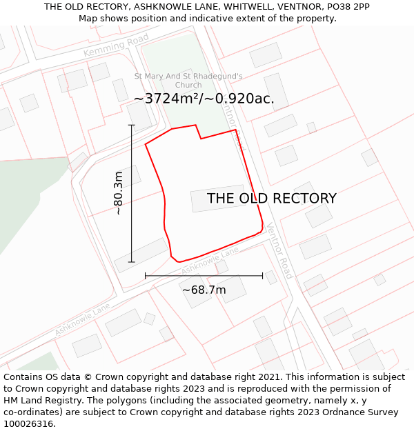 THE OLD RECTORY, ASHKNOWLE LANE, WHITWELL, VENTNOR, PO38 2PP: Plot and title map