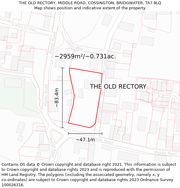 THE OLD RECTORY, MIDDLE ROAD, COSSINGTON, BRIDGWATER, TA7 8LQ: Plot and title map