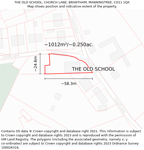 THE OLD SCHOOL, CHURCH LANE, BRANTHAM, MANNINGTREE, CO11 1QA: Plot and title map