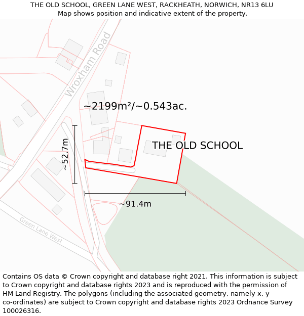 THE OLD SCHOOL, GREEN LANE WEST, RACKHEATH, NORWICH, NR13 6LU: Plot and title map