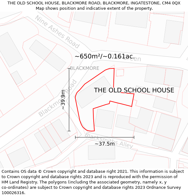 THE OLD SCHOOL HOUSE, BLACKMORE ROAD, BLACKMORE, INGATESTONE, CM4 0QX: Plot and title map