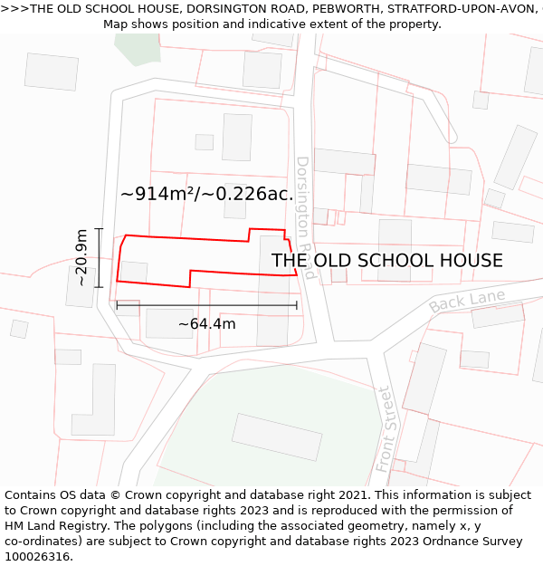 THE OLD SCHOOL HOUSE, DORSINGTON ROAD, PEBWORTH, STRATFORD-UPON-AVON, CV37 8XB: Plot and title map