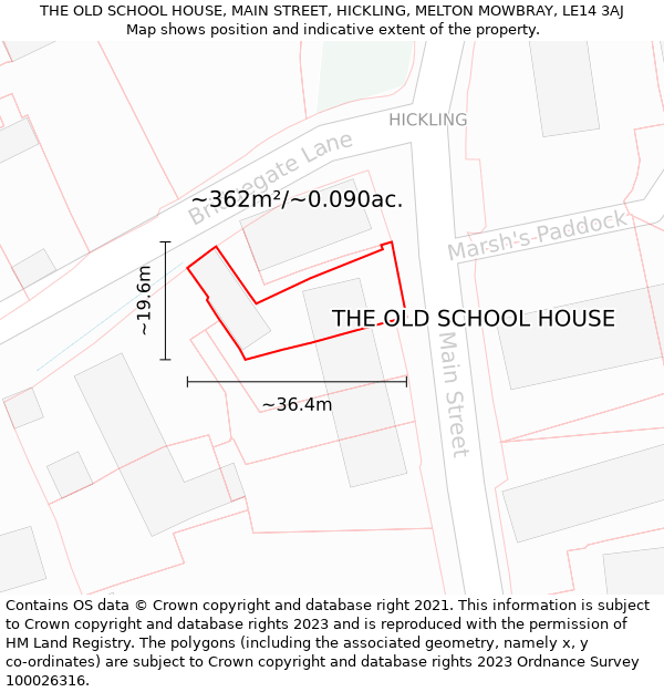 THE OLD SCHOOL HOUSE, MAIN STREET, HICKLING, MELTON MOWBRAY, LE14 3AJ: Plot and title map