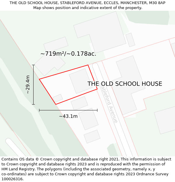 THE OLD SCHOOL HOUSE, STABLEFORD AVENUE, ECCLES, MANCHESTER, M30 8AP: Plot and title map