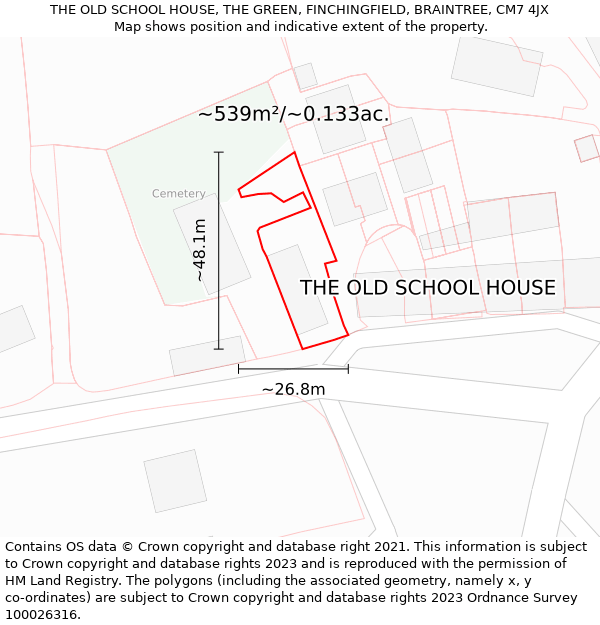 THE OLD SCHOOL HOUSE, THE GREEN, FINCHINGFIELD, BRAINTREE, CM7 4JX: Plot and title map