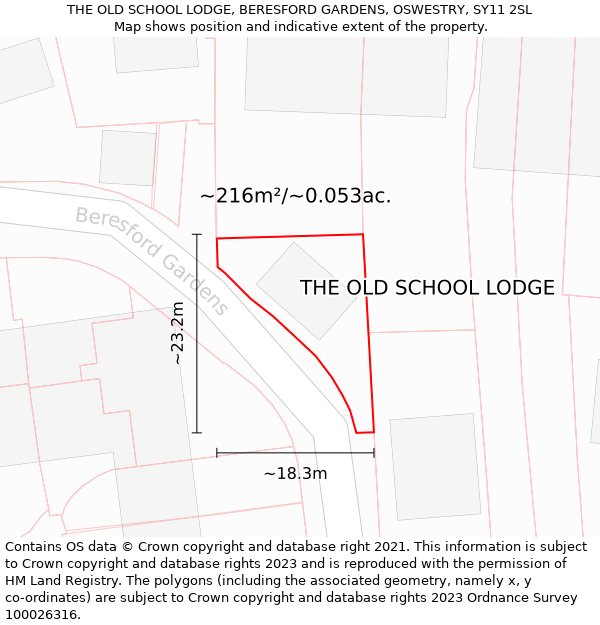 THE OLD SCHOOL LODGE, BERESFORD GARDENS, OSWESTRY, SY11 2SL: Plot and title map