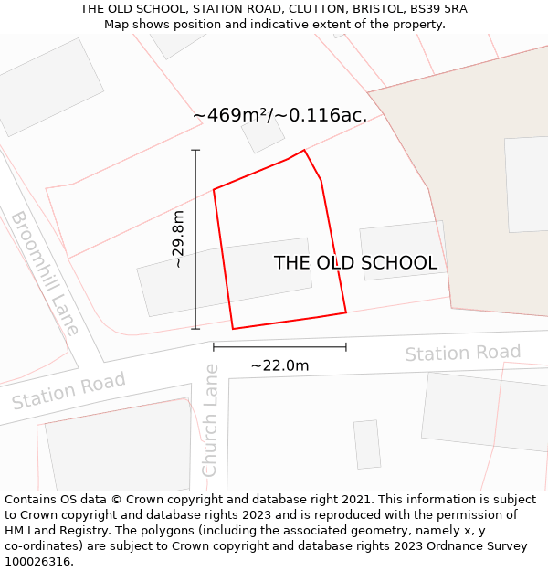THE OLD SCHOOL, STATION ROAD, CLUTTON, BRISTOL, BS39 5RA: Plot and title map