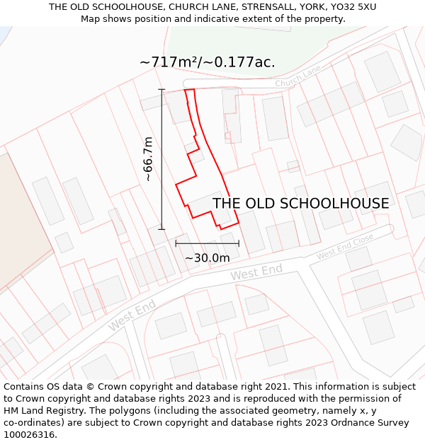 THE OLD SCHOOLHOUSE, CHURCH LANE, STRENSALL, YORK, YO32 5XU: Plot and title map