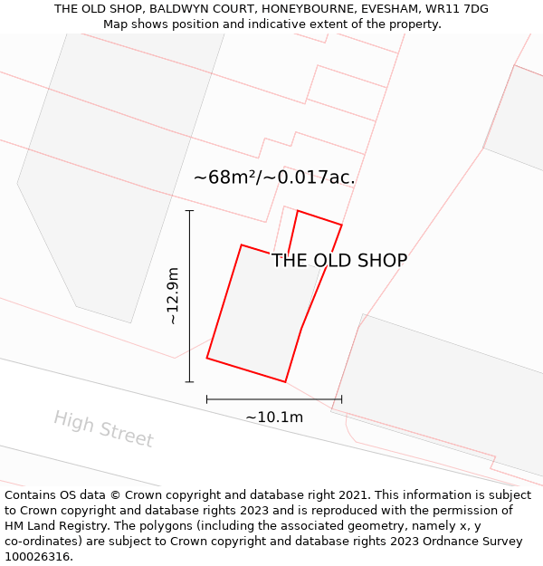 THE OLD SHOP, BALDWYN COURT, HONEYBOURNE, EVESHAM, WR11 7DG: Plot and title map