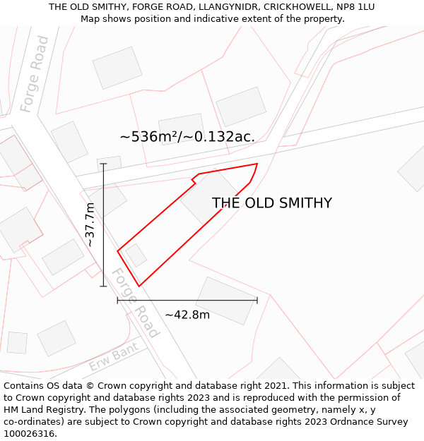 THE OLD SMITHY, FORGE ROAD, LLANGYNIDR, CRICKHOWELL, NP8 1LU: Plot and title map