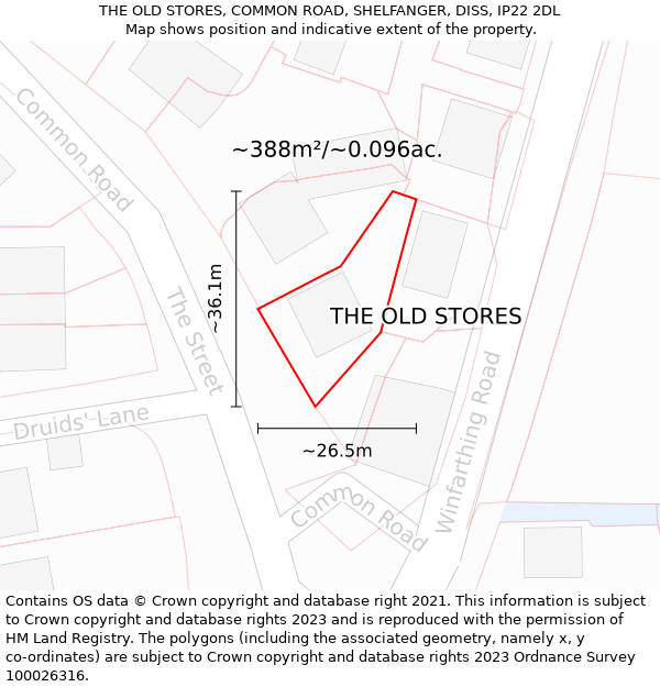 THE OLD STORES, COMMON ROAD, SHELFANGER, DISS, IP22 2DL: Plot and title map