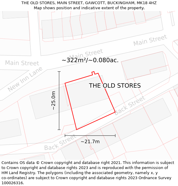 THE OLD STORES, MAIN STREET, GAWCOTT, BUCKINGHAM, MK18 4HZ: Plot and title map