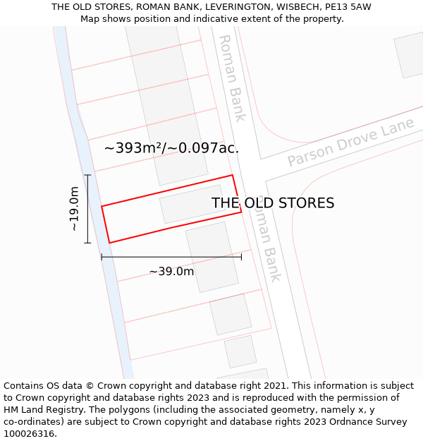 THE OLD STORES, ROMAN BANK, LEVERINGTON, WISBECH, PE13 5AW: Plot and title map