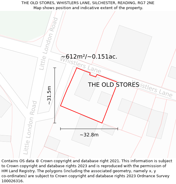 THE OLD STORES, WHISTLERS LANE, SILCHESTER, READING, RG7 2NE: Plot and title map