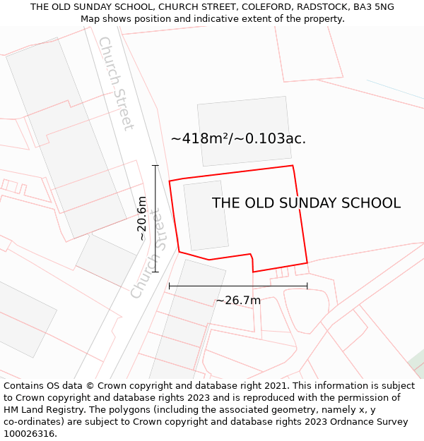THE OLD SUNDAY SCHOOL, CHURCH STREET, COLEFORD, RADSTOCK, BA3 5NG: Plot and title map