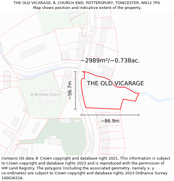 THE OLD VICARAGE, 8, CHURCH END, POTTERSPURY, TOWCESTER, NN12 7PX: Plot and title map