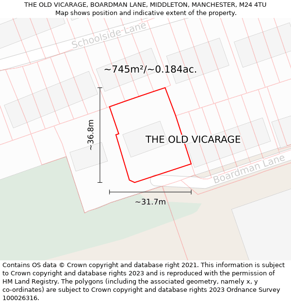 THE OLD VICARAGE, BOARDMAN LANE, MIDDLETON, MANCHESTER, M24 4TU: Plot and title map