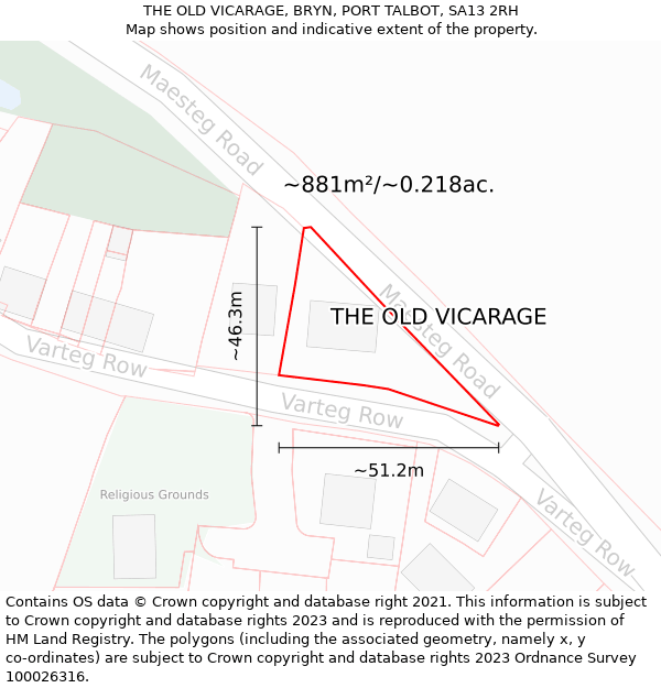 THE OLD VICARAGE, BRYN, PORT TALBOT, SA13 2RH: Plot and title map
