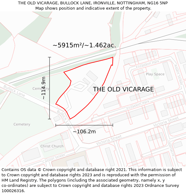 THE OLD VICARAGE, BULLOCK LANE, IRONVILLE, NOTTINGHAM, NG16 5NP: Plot and title map